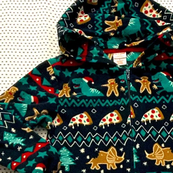 🍕Cat & Jack Christmas Dino🦖 Pajamas One Piece Sz: Small Gingerbread Man Pizza - Picture 3 of 9